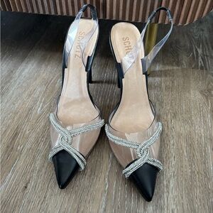Schutz Clear PVC Rhinestone Knot Heels Slingback Black Pointed Toe Pumps Size 9
